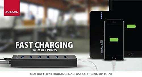 AXAGON HUE-SA7BP 7x USB3.0 ALU įkrovimo šakutė, įsk. AC Adapteris, Juodas