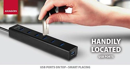 AXAGON HUE-SA7BP 7x USB3.0 ALU įkrovimo šakutė, įsk. AC Adapteris, Juodas