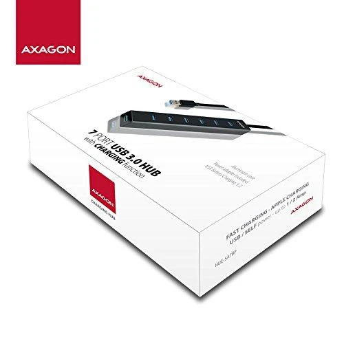 AXAGON HUE-SA7BP 7x USB3.0 ALU įkrovimo šakutė, įsk. AC Adapteris, Juodas