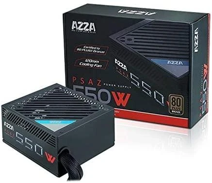 AZZA PSU 550W ATX 80+ bronzos sertifikatas, tylus 120 mm ventiliatorius, 1 x 20+4 kontaktų, 1 x 4+4 kontaktų 12V, 1 x 4 kontaktų diskelis, 2 x 4 kontaktų Molex, 5 x Sata, 2 x 6+2 kontaktų PCI-5, WPS