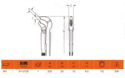 Bahco Reguliuojamas vamzdinis raktas. Bendras ilgis 230mm. Max 1/2" vamzdžiui Ypač atsparus dėvėjimuisi dėl indukcinio dantų grūdinimo, neslystantys dantys