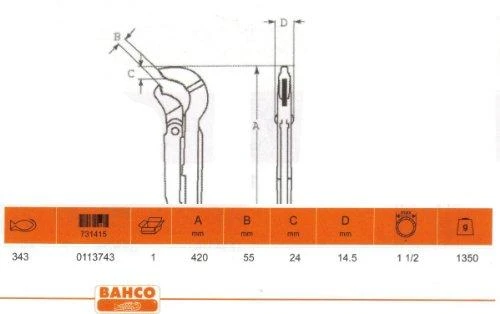 Bahco Reguliuojamas vamzdinis raktas. Bendras ilgis 420mm. Max 1 1/2". Ypač atsparus dėvėjimuisi dėl indukcinio dantų grūdinimo, neslystantys dantys