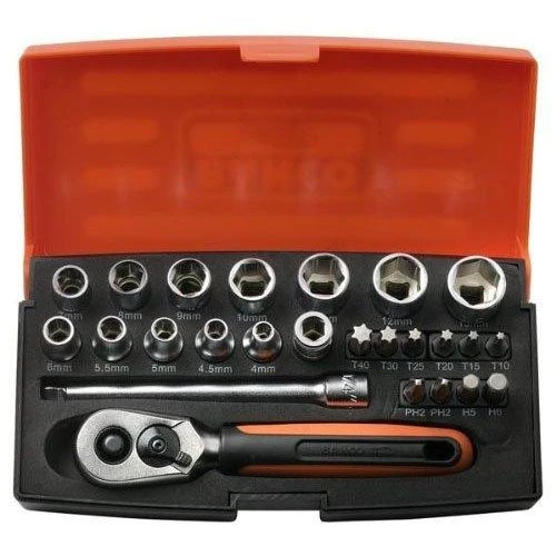 Galvučių, terkšlės ir priedų rinkinukas 4-13mm, antgaliai PH,HEX,TORX 1/4" 25vnt blisteryje. Bahco