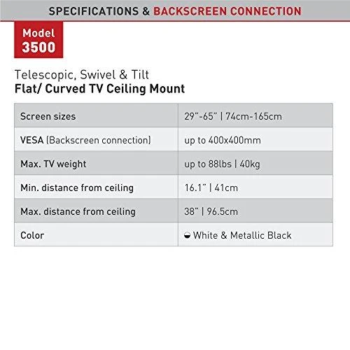 Barkan Flat/ Curved TV Ceiling Mount 3500 Lubinis laikiklis, Full motion, 29-63 ", Maksimalus svoris (talpa) 40 kg, Baltas