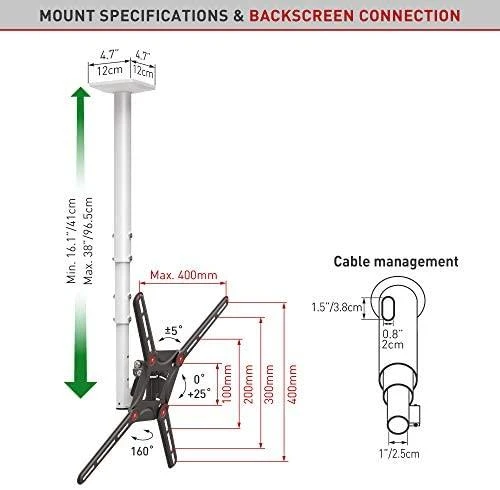 Barkan Flat/ Curved TV Ceiling Mount 3500 Lubinis laikiklis, Full motion, 29-63 ", Maksimalus svoris (talpa) 40 kg, Baltas