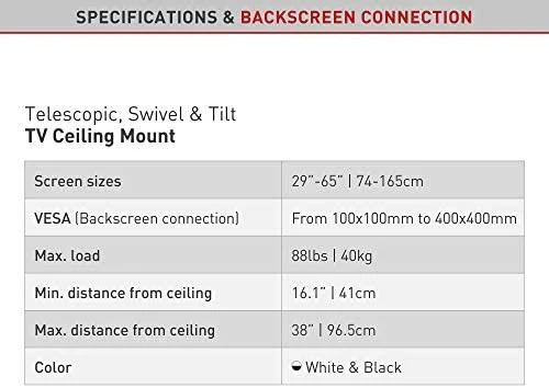 Barkan Flat/ Curved TV Ceiling Mount 3500 Lubinis laikiklis, Full motion, 29-63 ", Maksimalus svoris (talpa) 40 kg, Baltas