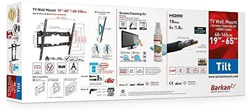 „Barkan 3 in 1 Combo“: plokščias / lenktas televizoriaus laikiklis prie sienos + ekrano valiklis + HDMI laidas CM310+ sieninis laikiklis, pakreiptas, 29–65 colių, maksimalus svoris (talpa) 50 kg, Juodas