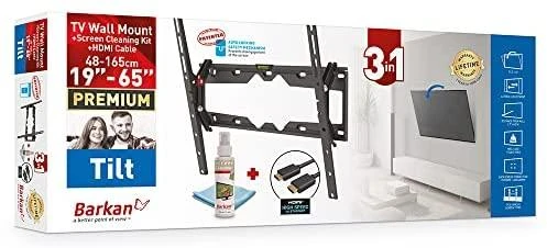 „Barkan 3 in 1 Combo“: plokščias / lenktas televizoriaus laikiklis prie sienos + ekrano valiklis + HDMI laidas CM310+ sieninis laikiklis, pakreiptas, 29–65 colių, maksimalus svoris (talpa) 50 kg, Juodas