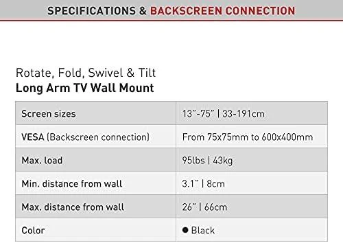 Barkan sieninis laikiklis, Full Motion, 13-75", Maksimalus svoris (talpa) 43 kg, Juodas
