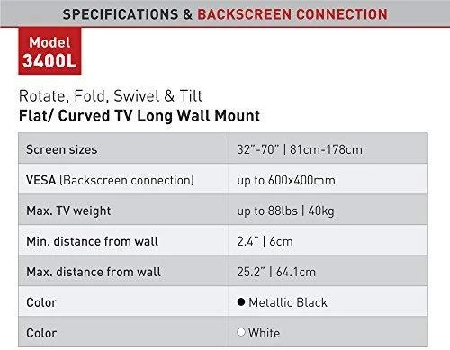 Laikiklis BARKAN 3400L.B 65" lygiam/lenktam TV, 4 lankstų, sieninis, juodas