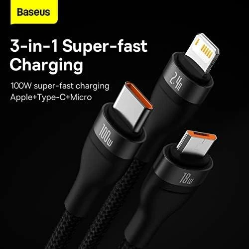 Baseus Flash Series 3in1 USB laidas USB-C + micro USB + Lightning 100W 1.2m – Juodas