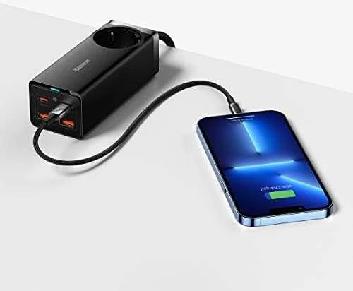 Baseus GaN3 Pro sieninis įkroviklis / maitinimo juosta 2xUSB + 2xUSB-C + AC 100W juodas