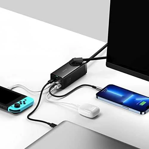 Baseus GaN3 Pro sieninis įkroviklis / maitinimo juosta 2xUSB + 2xUSB-C + AC 100W juodas