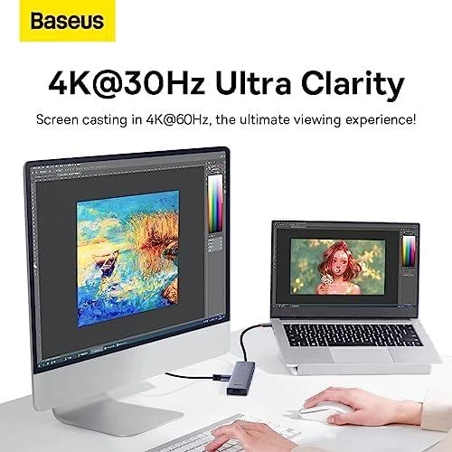 Baseus Hub 5in1 prijungtas prie monitoriaus ir kompiuterio