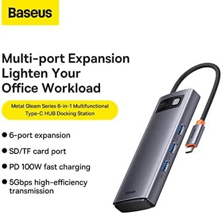 Baseus Metal Gleam 6in1 adapteris su jungčių sąrašu