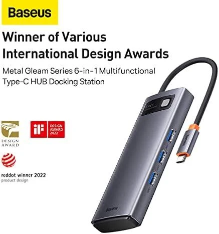 Adapteris 6in1 Baseus Metal Gleam Series USB-C į 3x USB 3.0 + USB-C PD + Micro SD/SD