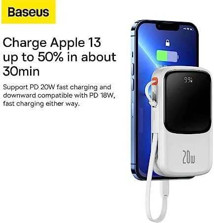 Powerbank Baseus Qpow PRO su laidu, USB-C, 2xUSB, 10000mAh, 20W (balta)