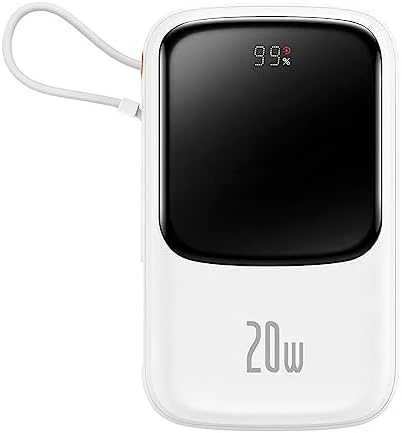 Powerbank Baseus Qpow PRO su laidu, USB-C, 2xUSB, 10000mAh, 20W (balta)
