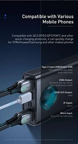 Baseus Sieninis įkroviklis GaN3 Pro 65W 2xUSB + 2xUSB-C QC4+ PD3.0 su USB-C 1.5m laidu, juodas
