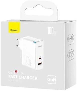 Baseus GaN5 Pro USB-C + USB sieninis įkroviklis, 100W + 1m laidas (baltas)
