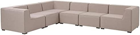 Lauko baldų komplektas Beliani Modulinis sodo kampas AREZZO su pufu, 7 vietų, dešininis, smėlio spalvos