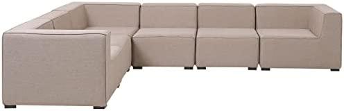 Lauko baldų komplektas Beliani Modulinis sodo kampas AREZZO su pufu, 7 vietų, dešininis, smėlio spalvos