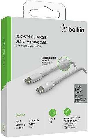 BELKIN BRAIDED USB-C TO USB-C CABLE,1M, Baltas