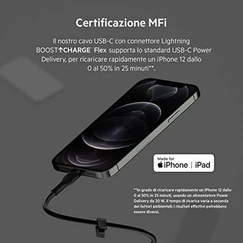 Belkin Flex Lightning/USB-C 15W 2m, mfi, 15W, juoda CAA009bt2MBK
