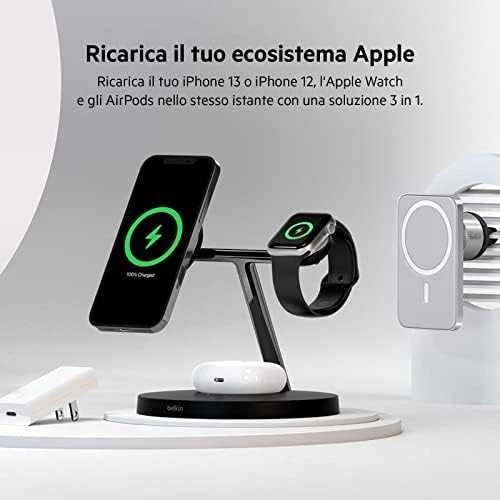 Belkinas | Pro MagSafe 3in1 belaidis įkrovimo stovas + kintamosios srovės maitinimo adapteris | PAdidinkite įkrovimą