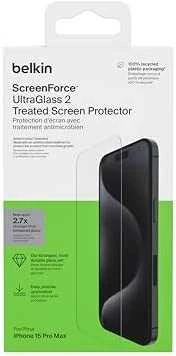 „Belkin ScreenForce UltraGlass“ su „iPhone 15 Pro Max“.
