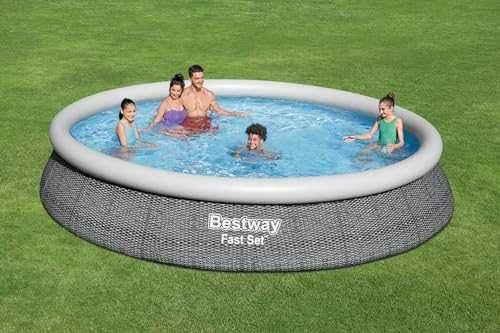 Bestway® Fast Set™ antžeminio baseino komplektas su filtravimo siurbliu Ø 457 x 84 cm, rotango išvaizdos (skalūno pilka), apvalus