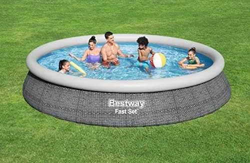 Bestway® Fast Set™ antžeminio baseino komplektas su filtravimo siurbliu Ø 457 x 84 cm, rotango išvaizdos (skalūno pilka), apvalus