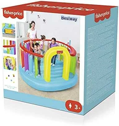 Bestway Fisher-Price Bouncetopia pritūpimo lėkštė su įmontuotu siurbliu, 85 kg, 3 metai, Įmontuotas oro siurblys, Įvairių spalvų, 10,1kg