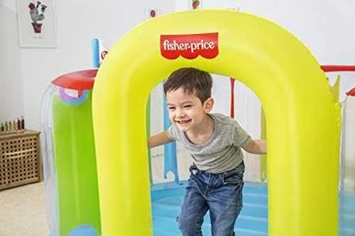 Bestway Fisher-Price Bouncetopia pritūpimo lėkštė su įmontuotu siurbliu, 85 kg, 3 metai, Įmontuotas oro siurblys, Įvairių spalvų, 10,1kg