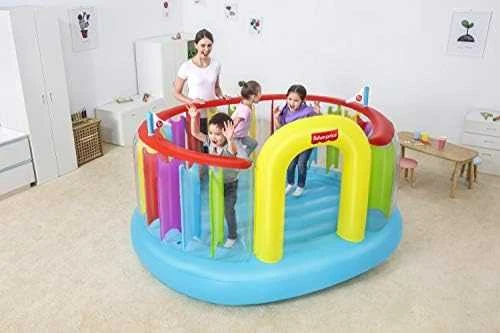 Bestway Fisher-Price Bouncetopia pritūpimo lėkštė su įmontuotu siurbliu, 85 kg, 3 metai, Įmontuotas oro siurblys, Įvairių spalvų, 10,1kg