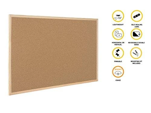 Bi-Office Pannello In Sughero Budget Con Cornice In Legno Di Pino, Lavagna In Sughero Spesso Elastico e Auto-Rigenerante, 600 x 400 mm