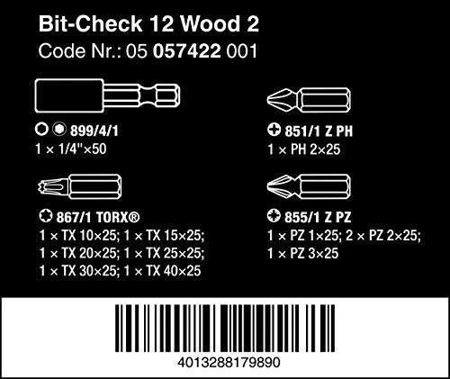 Antgalių komplektas Bit-Check 12 Wood 2, 12vnt, Wera