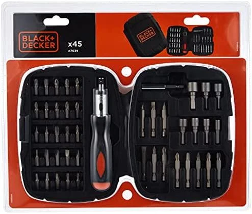 Black & Decker „Juodas & Decker“ 45 antgalių ir galvučių rinkinys 1/4' terkšlei Juodas+DECKER [A7039-XJ]