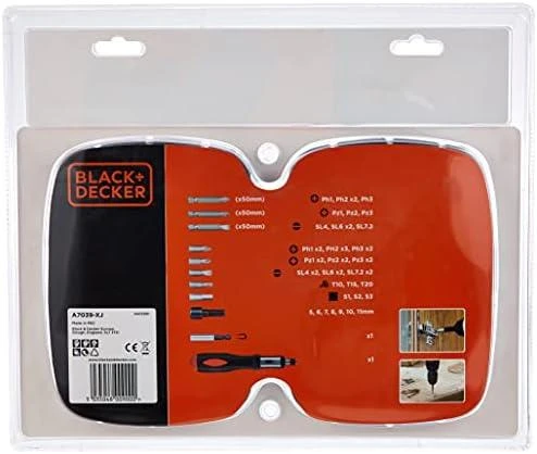 Black & Decker „Juodas & Decker“ 45 antgalių ir galvučių rinkinys 1/4' terkšlei Juodas+DECKER [A7039-XJ]