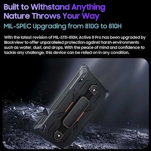 Planšetė Blackview „Active 8 Pro Rugged Tab“ 8 GB / 256 GB, 10,36 colio FHD+ 1200x2000 IPS LCD, aštuonių branduolių procesorius, 16 MP priekinė / 48 MP galinė kamera, 22000 mAh baterija, 33 W laidinis įkrovimas, USB Type-C, „Android 13“, SD kortelės lizdas, MIL-STD-810H, Juodas