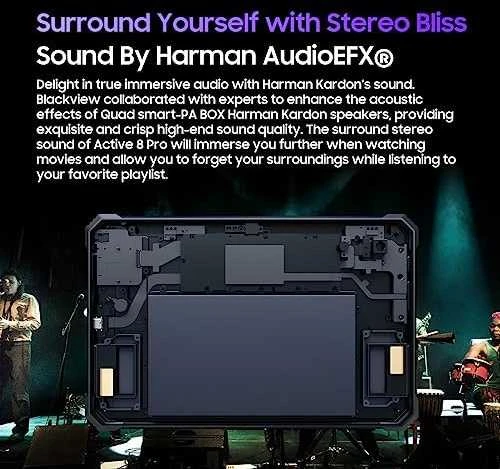 Planšetė Blackview „Active 8 Pro Rugged Tab“ 8 GB / 256 GB, 10,36 colio FHD+ 1200x2000 IPS LCD, aštuonių branduolių procesorius, 16 MP priekinė / 48 MP galinė kamera, 22000 mAh baterija, 33 W laidinis įkrovimas, USB Type-C, „Android 13“, SD kortelės lizdas, MIL-STD-810H, Juodas
