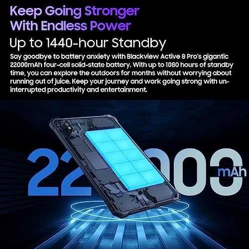 Planšetė Blackview „Active 8 Pro Rugged Tab“ 8 GB / 256 GB, 10,36 colio FHD+ 1200x2000 IPS LCD, aštuonių branduolių procesorius, 16 MP priekinė / 48 MP galinė kamera, 22000 mAh baterija, 33 W laidinis įkrovimas, USB Type-C, „Android 13“, SD kortelės lizdas, MIL-STD-810H, Juodas