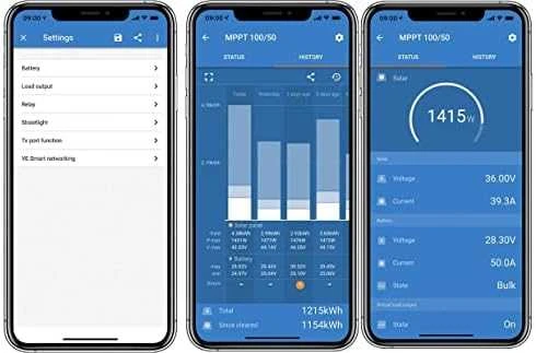 VictronConnect programėlės sąsaja su įkrovimo duomenimis