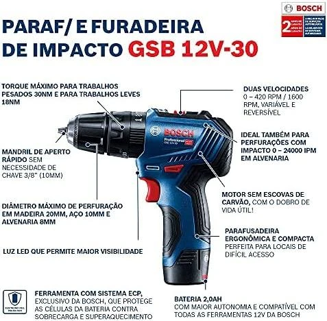 Smūginis suktuvas-gręžtuvas Bosch GSB 12V-30; 12 V; (be akumuliatoriaus ir pakrovėjo)