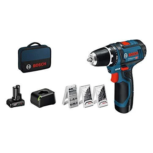  Akumuliatorinis gręžtuvas-suktuvas Bosch GSR 12V-15, 1x2.0Ah, 1x4.0Ah + 39 priedai