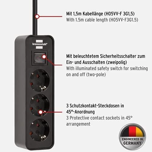 Buitinis ilgintuvas BRENNENSTUHL ECOLOR, 3 vietų, 1,5 m