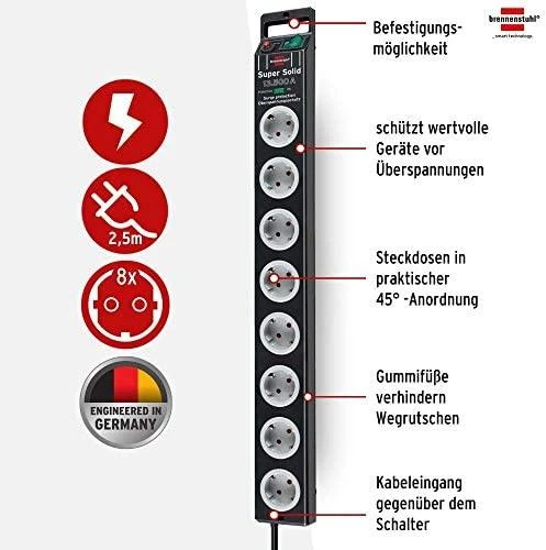Brennenstuhl 8xCEE 7/4, 1xCEE 7/7, 2,5m, juodas 1153380318 / GT-640