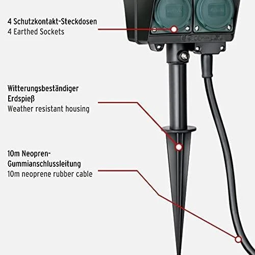 Brennenstuhl lauko prailgintuvas, 4xCEE 7/4, 1xCEE 7/7, 10m, įžeminimo smaigalys, IP44 , juodas / žalias 1154450 / GT-516