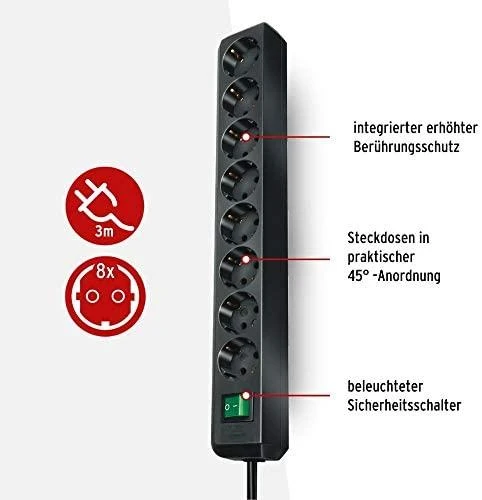 Brennenstuhl Eco-Line prailgintuvas, 8 xCEE 7/4, 1xCEE 7/7, mygtukas, 3m, apsauga nuo vaikų , juodas 1159300018 / GT-509