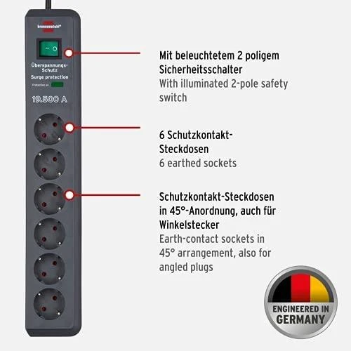 Brennenstuhl Secure-Tec 19.500A prailgintuvas su 6 lizdais ir apsauga nuo viršįtampių, 2m, pilkos spalvos
